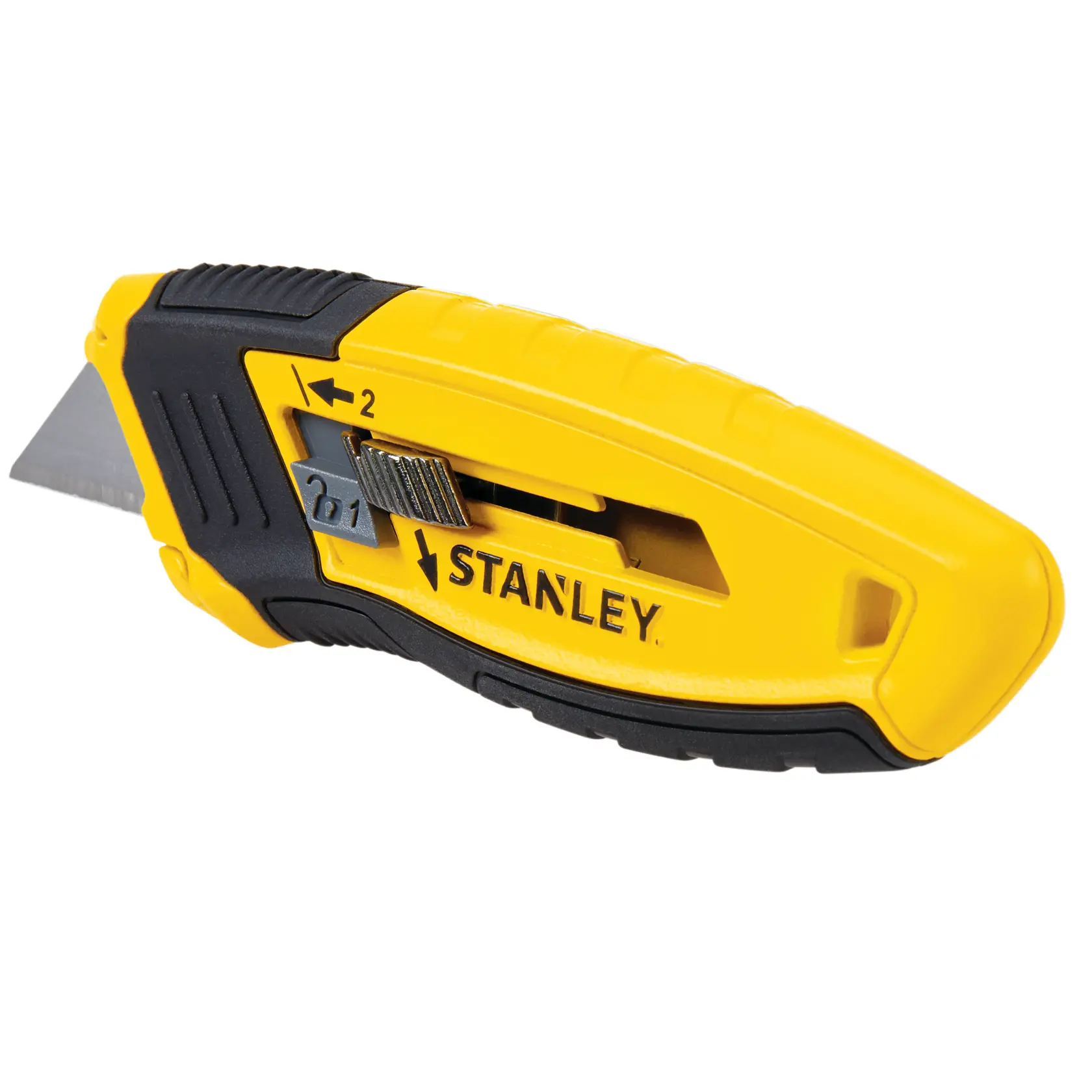 Stanley STHT10432-0 coltello universale, giallo e nero, vista laterale su sfondo bianco.