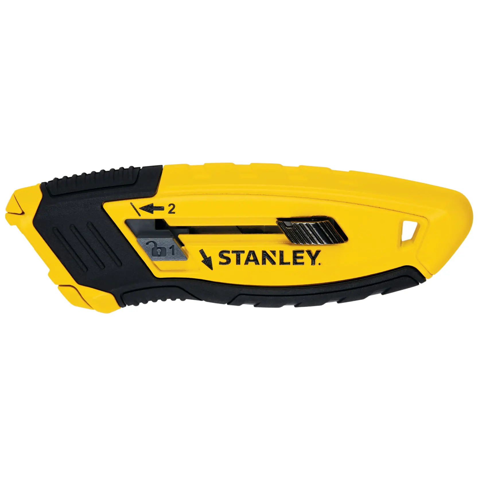 STANLEY STHT10432-0 taglierino pieghevole giallo e nero, vista laterale su sfondo bianco.