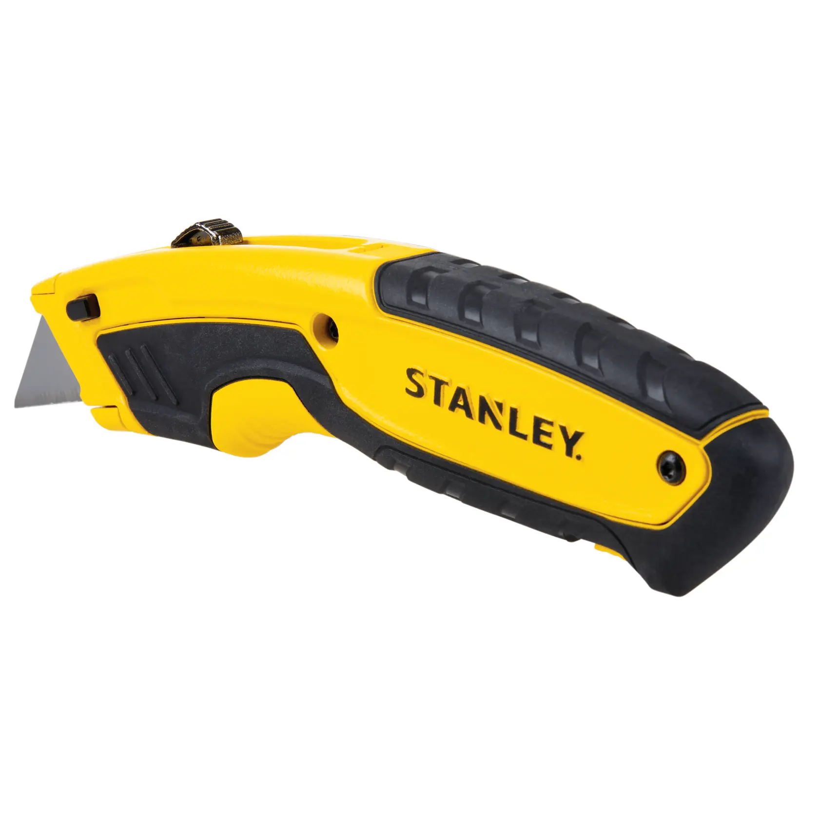 Fotografia del taglierino STANLEY STHT10479-0 con manico giallo e nero, vista laterale su sfondo bianco.