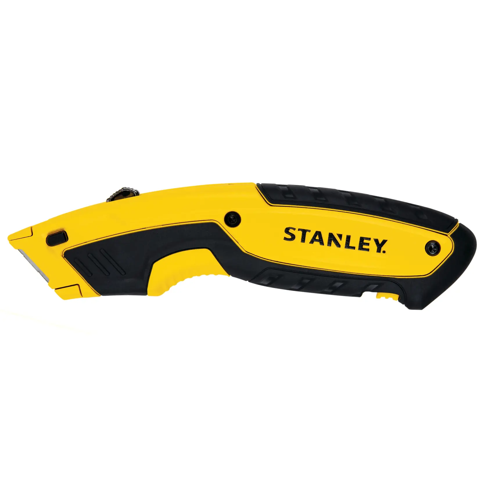 STANLEY STHT10479-0 coltello universale, giallo e nero, angolo laterale su sfondo bianco.