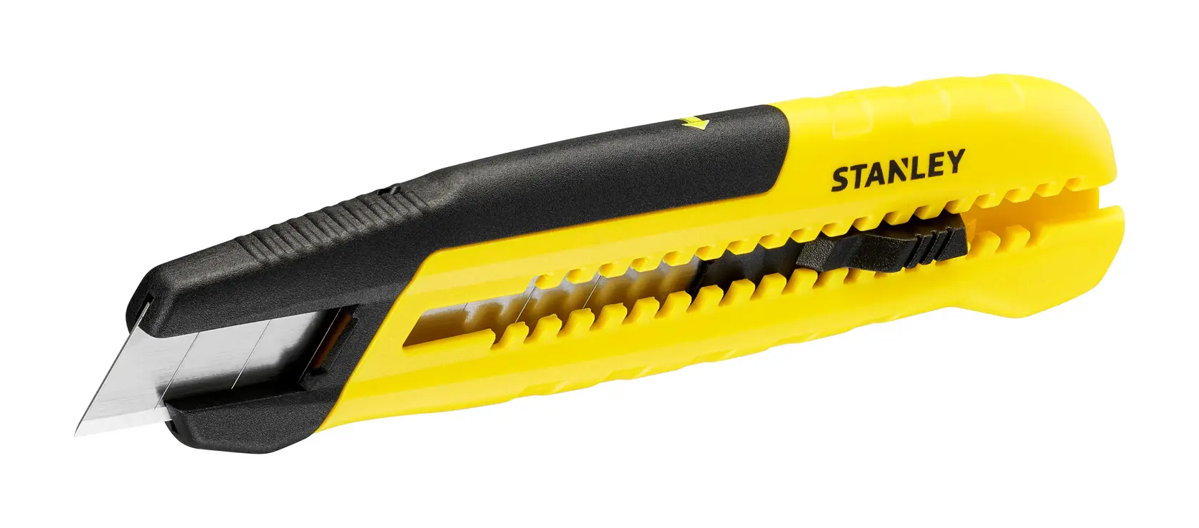 Foto del taglierino STANLEY STHT10489 con manico giallo e nero, vista laterale, sfondo bianco.