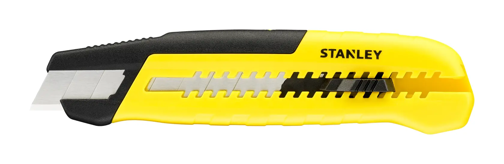 STANLEY STHT10489 taglierino con corpo giallo e nero, lama retrattile, vista laterale, sfondo bianco.