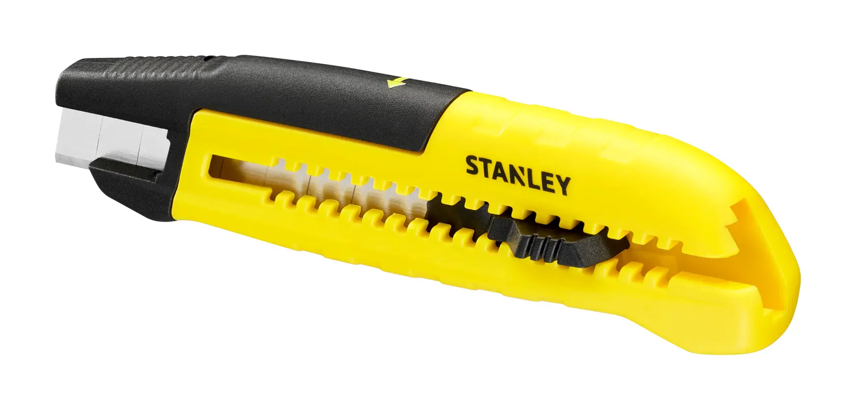 Stanley STHT10489 coltello da lavoro con manico giallo e nero, angolato su sfondo bianco.