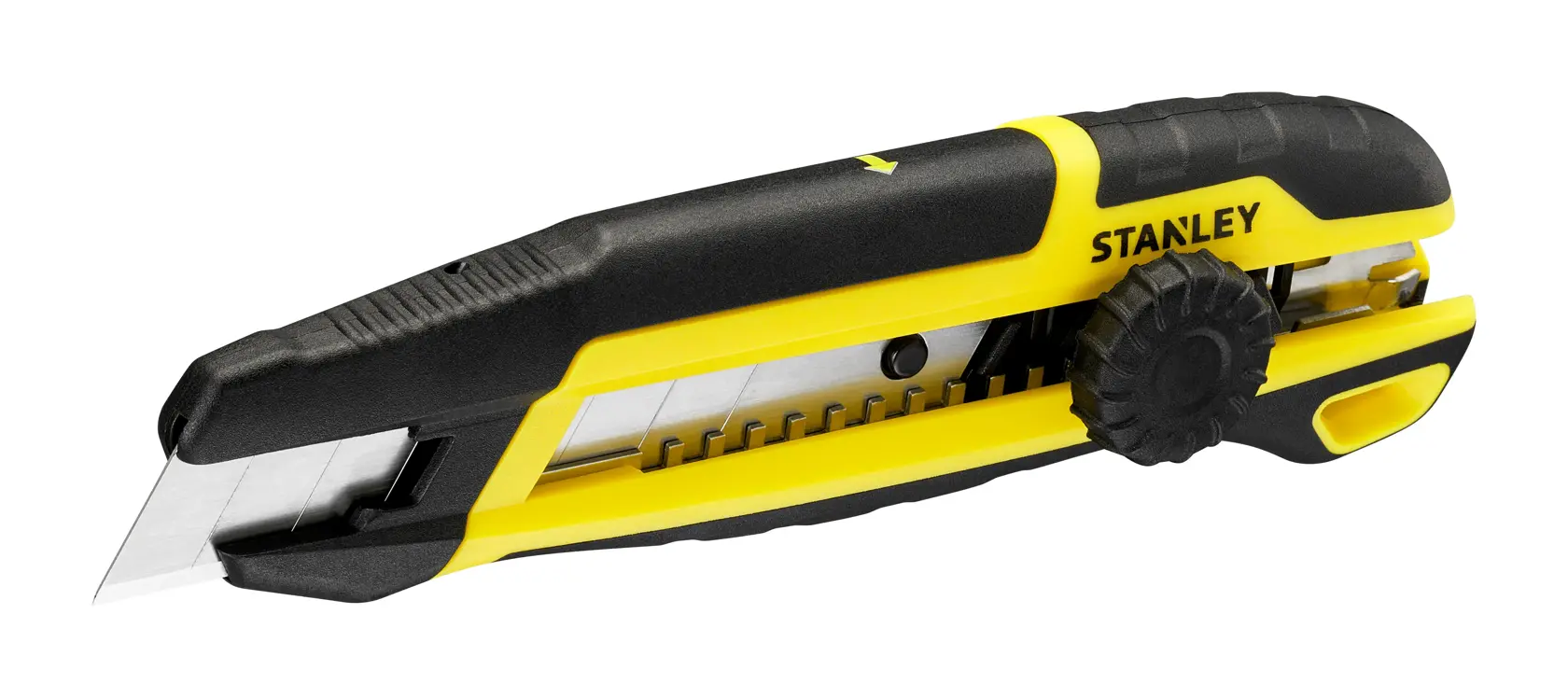 STANLEY STHT10500-0 taglierino giallo e nero, angolo laterale, lama retrattile e impugnatura testurizzata.