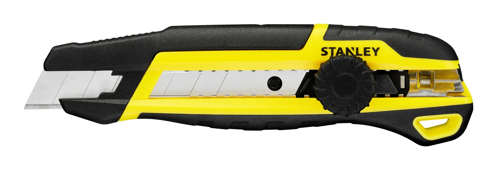 Foto del taglierino STANLEY STHT10500-0 con corpo nero e giallo, vista laterale su sfondo bianco.