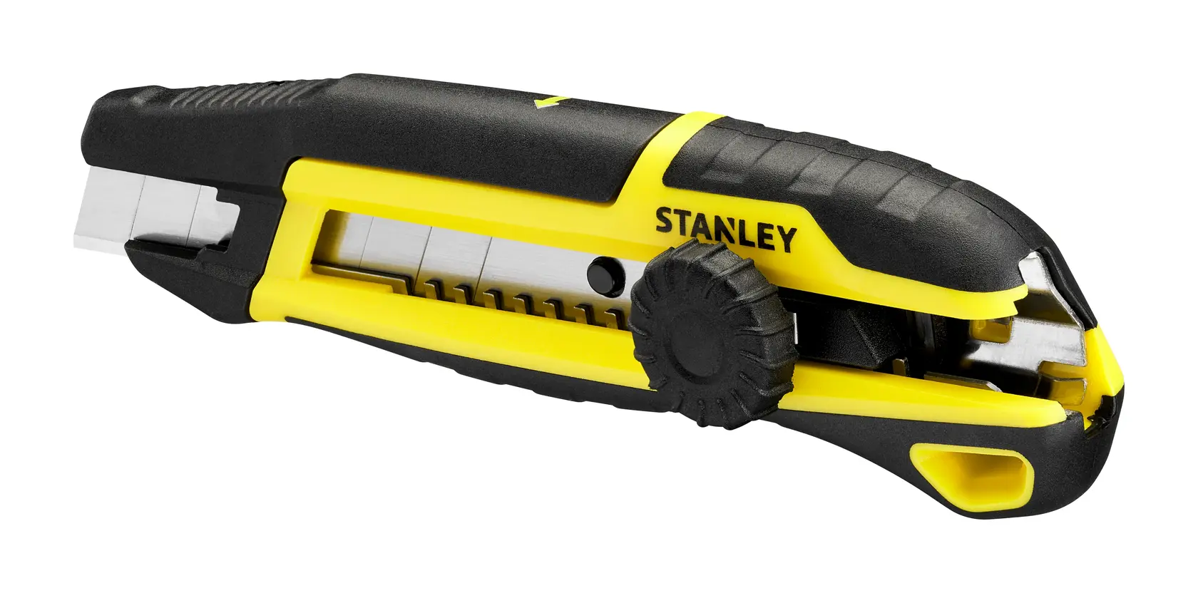 STANLEY STHT10500-0 taglierino, nero e giallo, vista laterale, fotografia di utensile da taglio.
