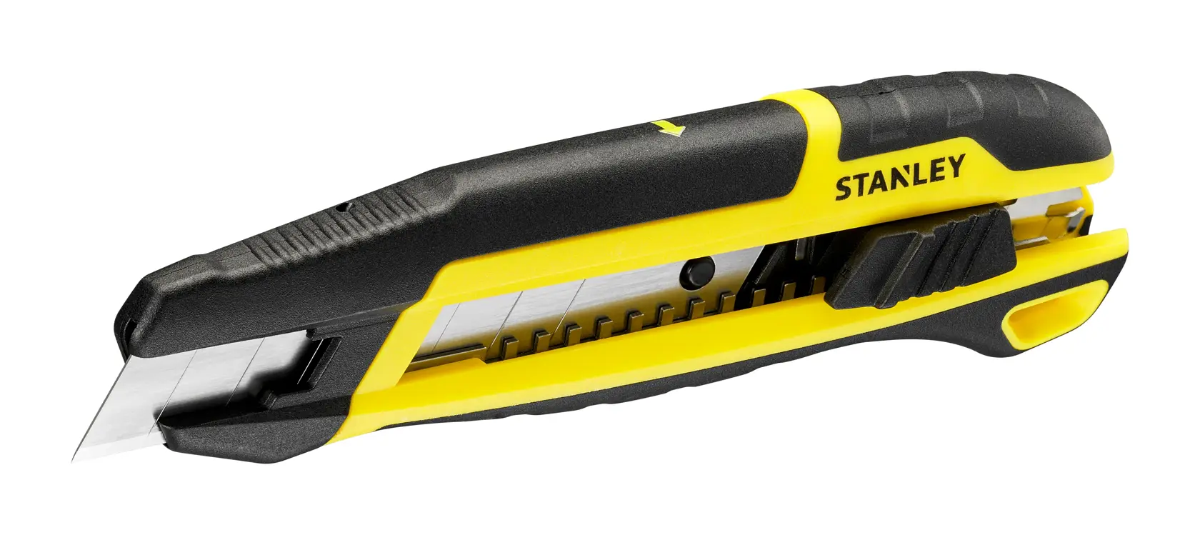 Foto del cutter STANLEY STHT10501-0, nero e giallo, vista laterale su sfondo bianco.