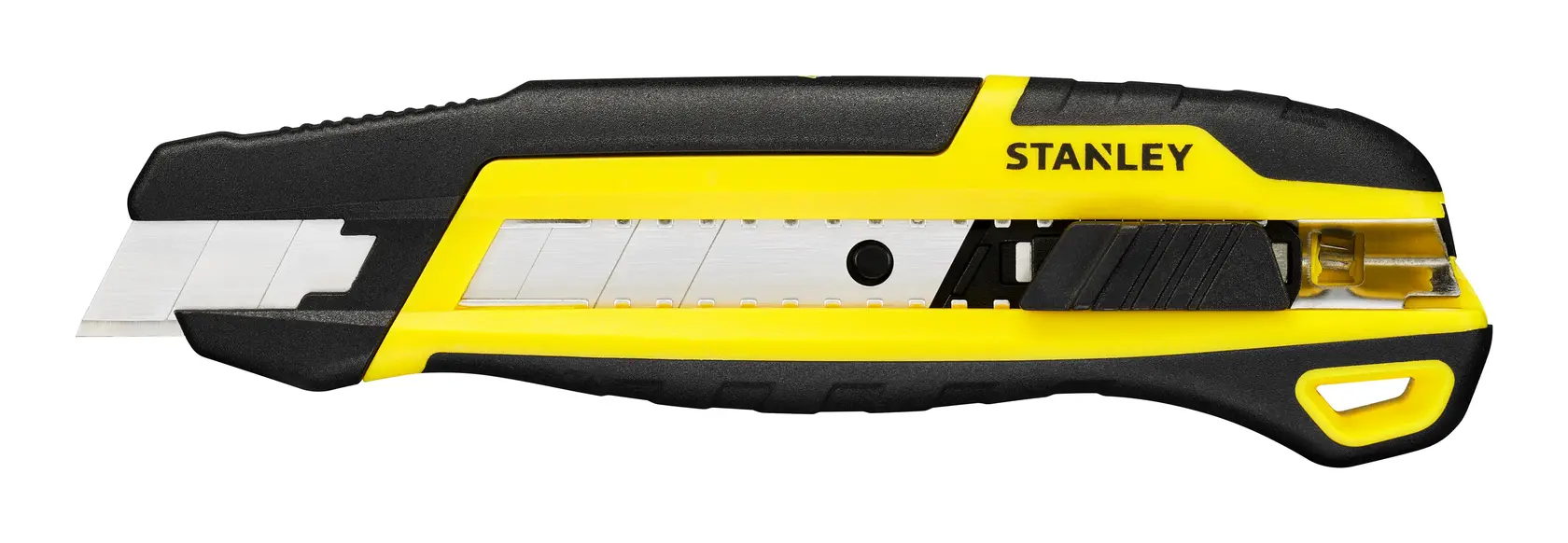 Foto del taglierino a lama spezzabile STANLEY STHT10501-0, giallo e nero, vista laterale su sfondo bianco.