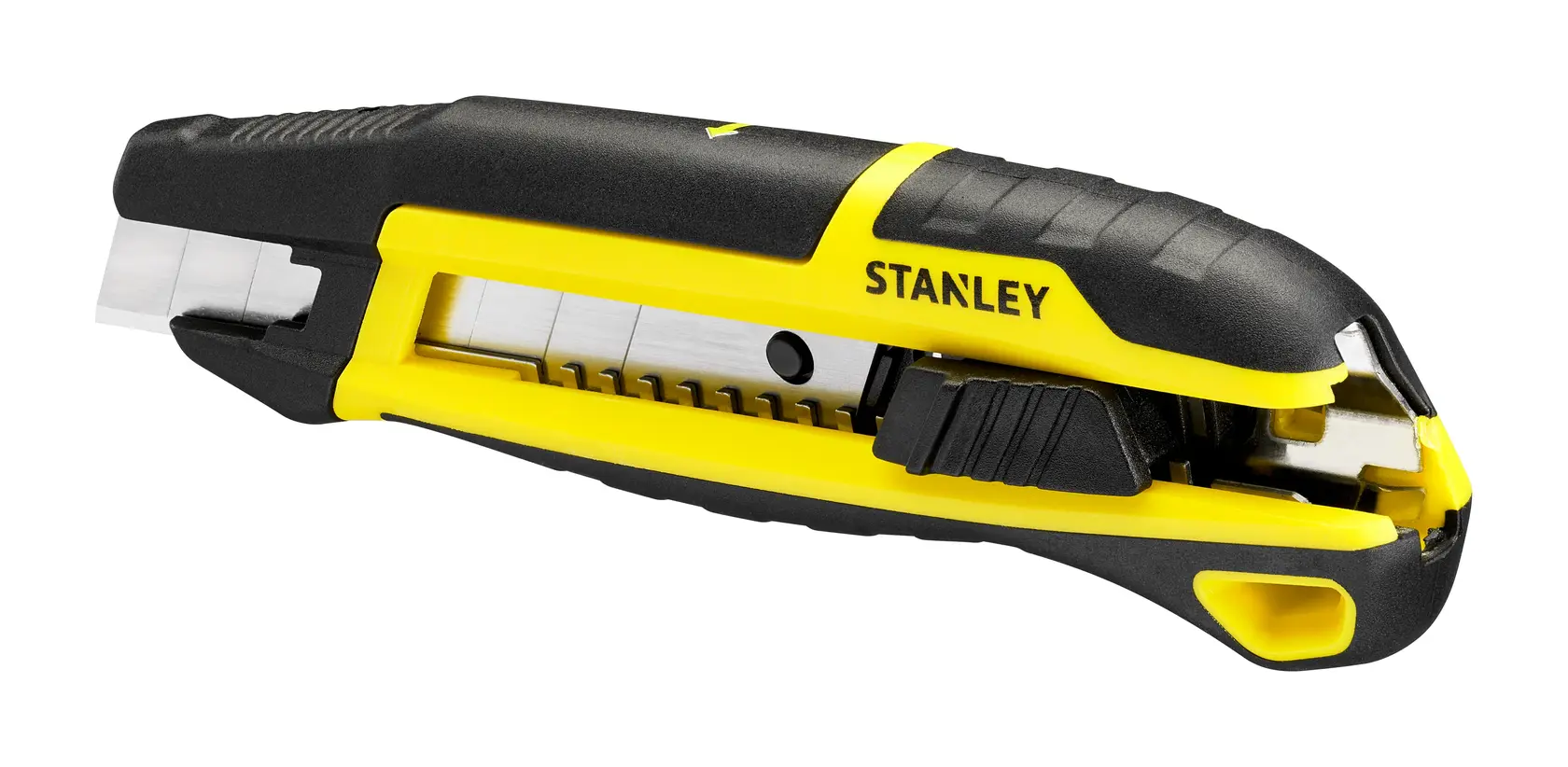 Stanley STHT10501-0 taglierino universale, manico giallo e nero, foto laterale su sfondo bianco.