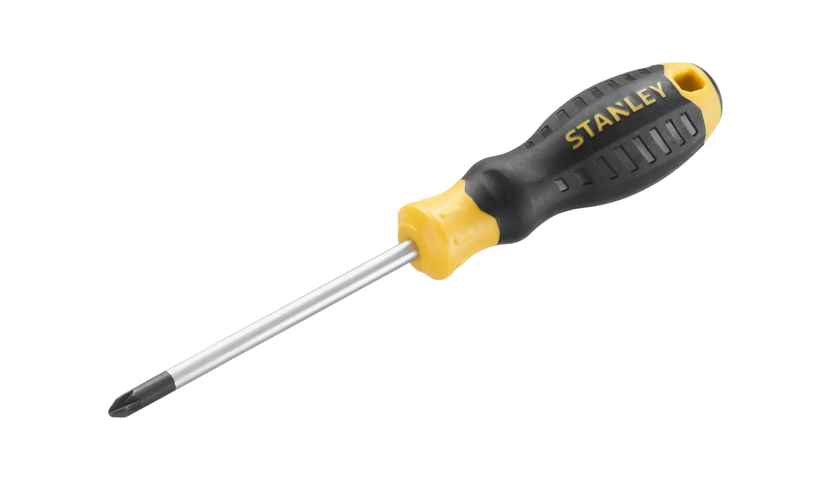 STANLEY STHT16163-0 cacciavite Phillips con manico nero e giallo, angolo laterale su sfondo bianco.