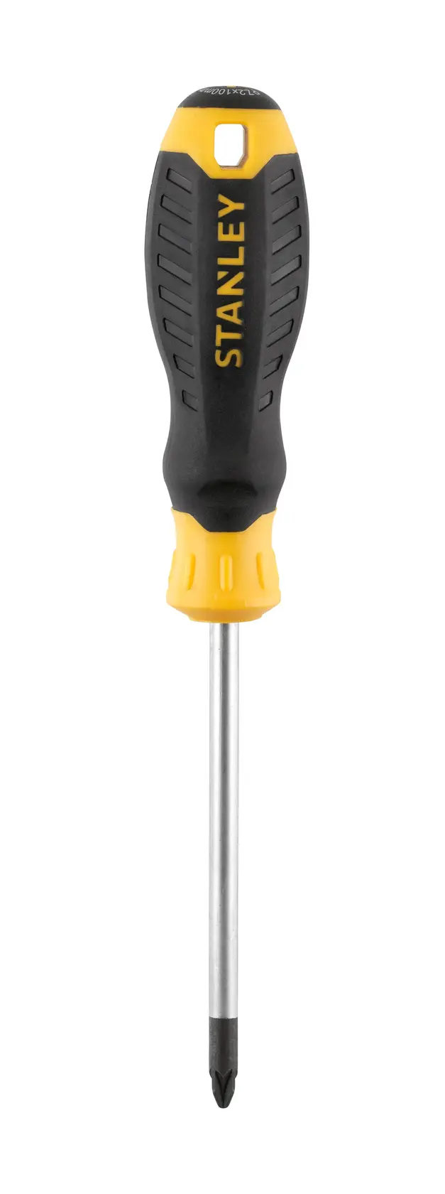 STANLEY STHT16163-0 cacciavite a croce con manico nero e giallo, vista frontale, su sfondo bianco.