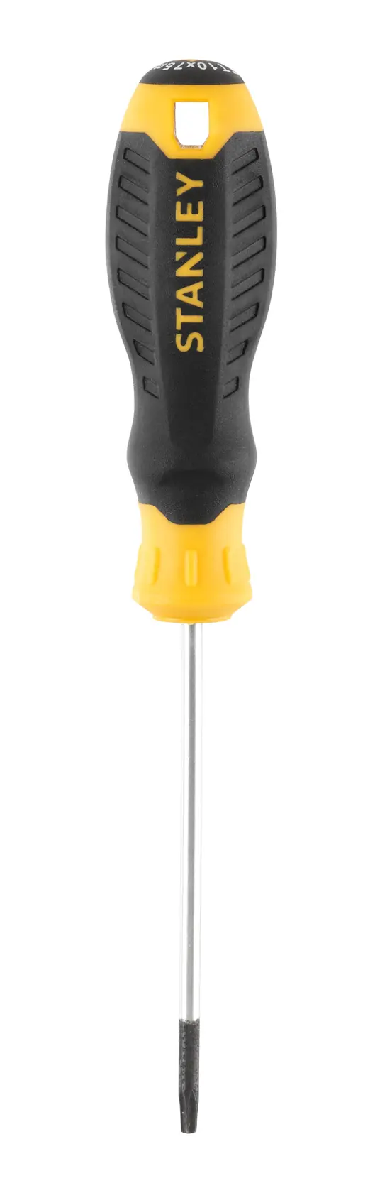 STANLEY STHT16177-0 cacciavite con impugnatura ergonomica nera e gialla, vista frontale su sfondo bianco.