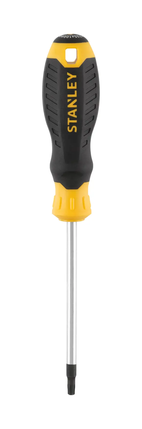 STANLEY STHT16180-0 cacciavite con manico nero e giallo, angolo frontale, fotografia su sfondo bianco.