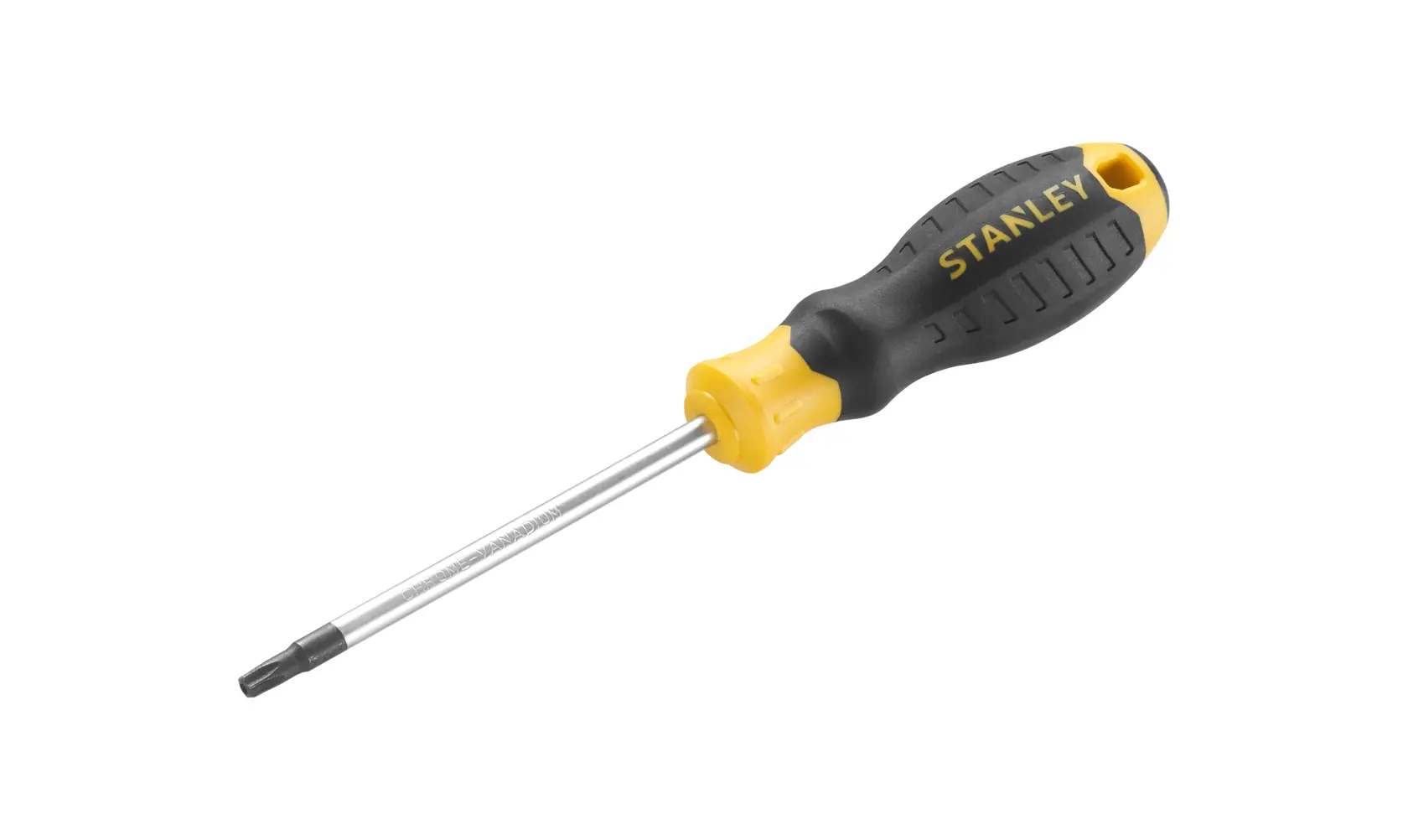 Foto del cacciavite STANLEY STHT16181-0 con manico ergonomico nero e giallo, vista laterale, sfondo bianco.