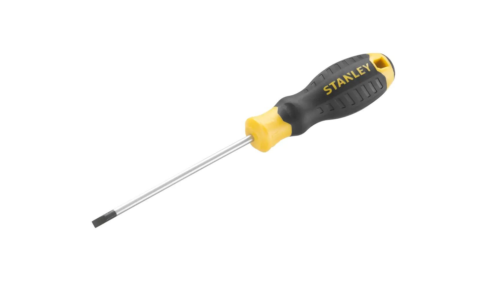STANLEY STHT16195-0 cacciavite a taglio con manico nero e giallo, vista laterale, sfondo bianco.
