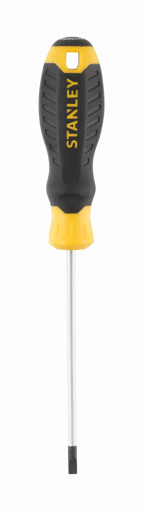 STANLEY STHT16195-0 cacciavite a taglio con manico giallo e nero, vista frontale, su sfondo bianco.