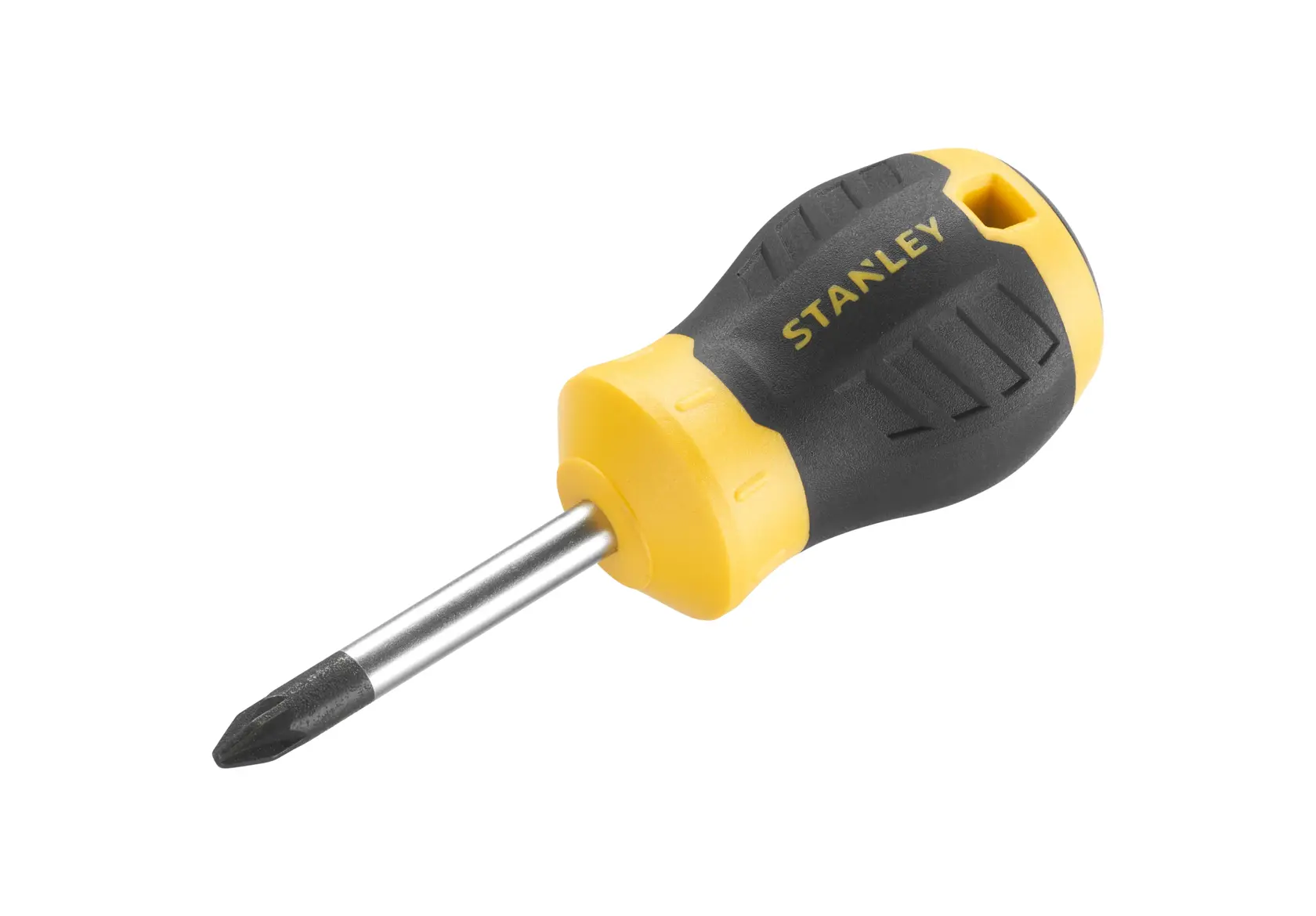 STANLEY STHT16196-0 cacciavite a croce corto con manico giallo e nero, angolato su sfondo bianco.