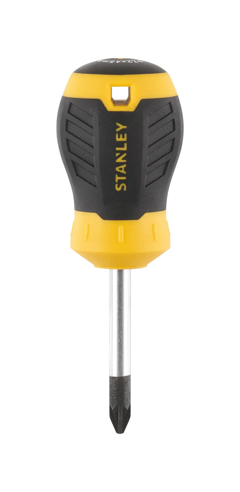 STANLEY STHT16196-0 cacciavite corto a croce con impugnatura nero e gialla, vista frontale.