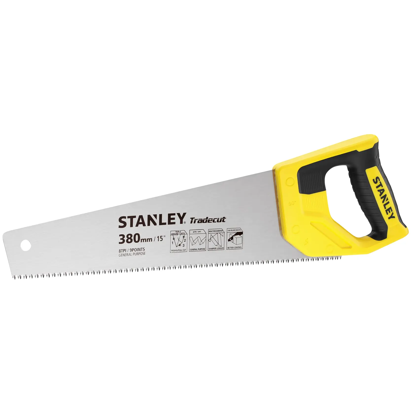 Fotografia di sega manuale STANLEY STHT20348-1 con manico giallo e nero, lama da 380 mm, su sfondo bianco.