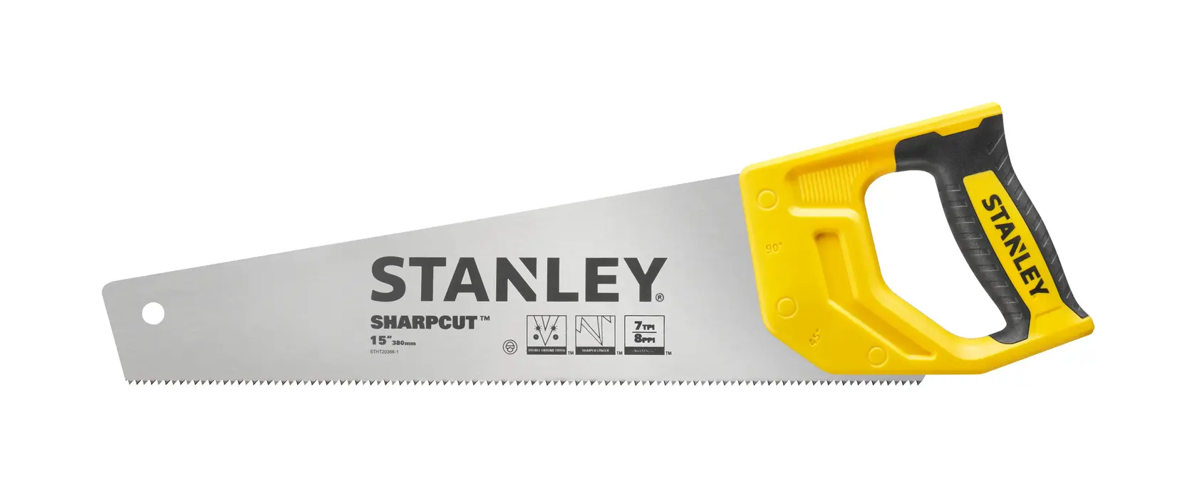 STANLEY STHT20366-1 sega manuale con manico giallo e nero, angolo laterale su sfondo bianco.