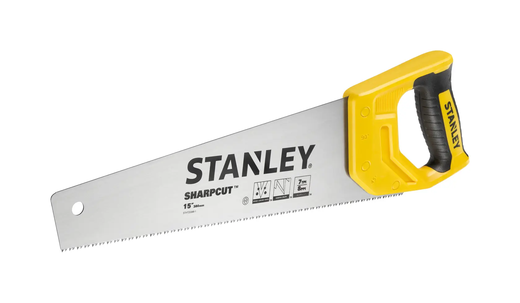 STANLEY STHT20366-1 sega a mano con impugnatura gialla e nera, vista laterale su sfondo bianco.