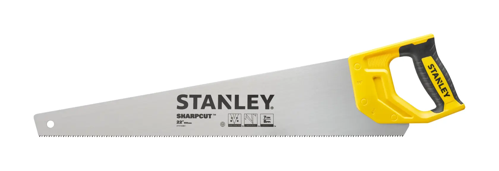 STANLEY STHT20368-1 sega manuale con manico giallo e nero, vista laterale, categoria fotografia.