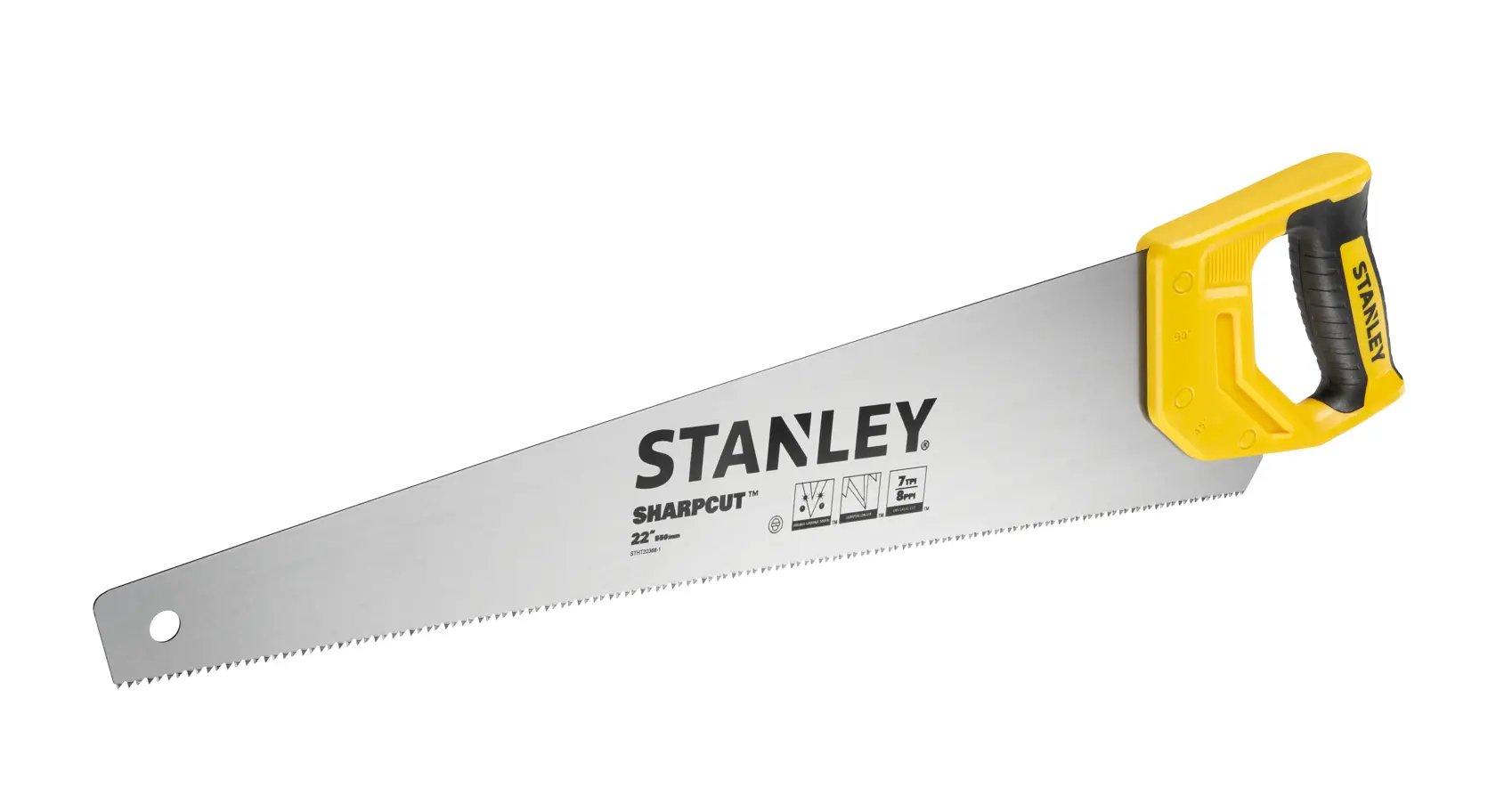 Foto del segaccio STANLEY STHT20368-1 con lama argentata, manico giallo e nero, vista laterale su sfondo bianco.