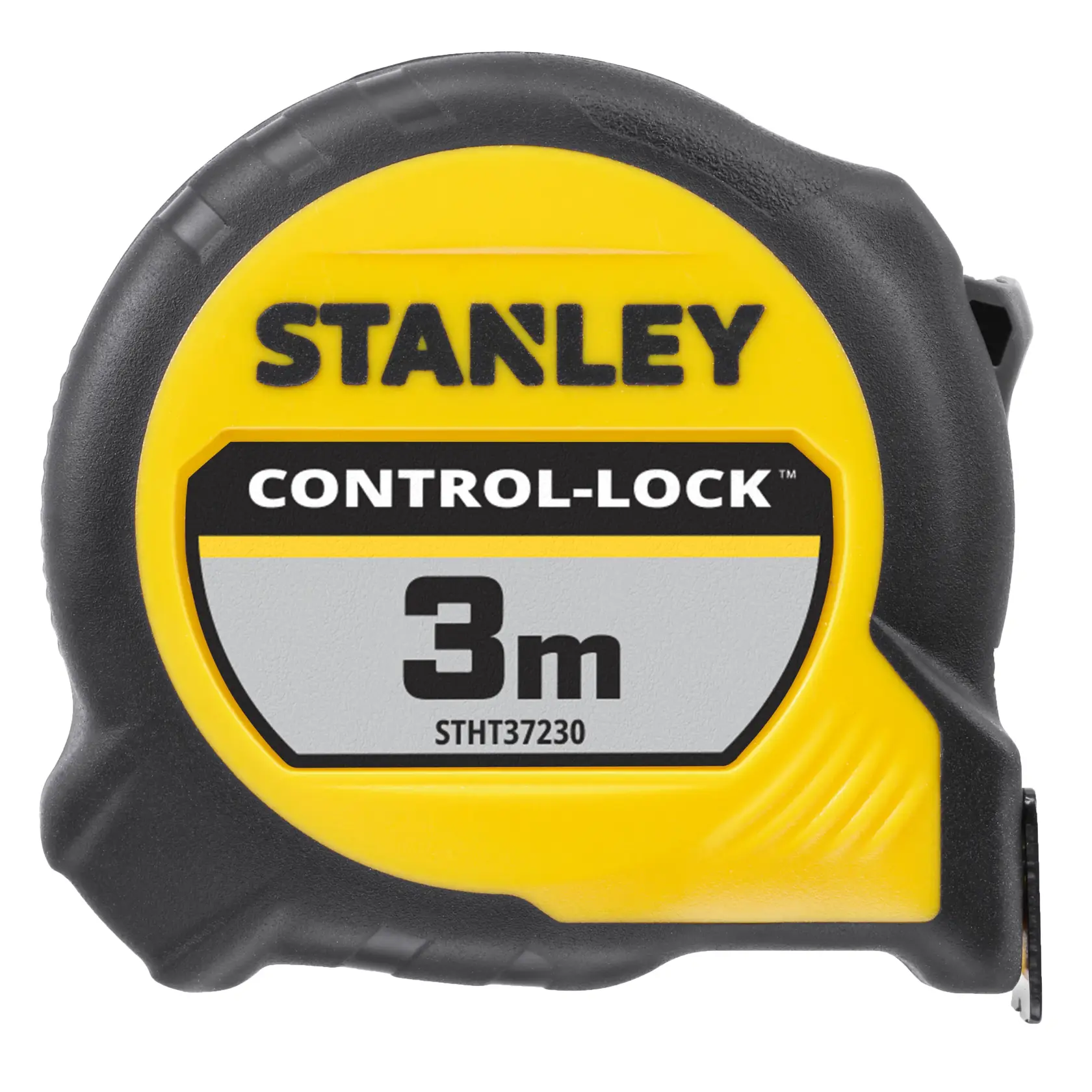 Foto del metro a nastro STANLEY STHT37230-0 Control-Lock 3m, custodia gialla e nera, vista frontale, su sfondo bianco.