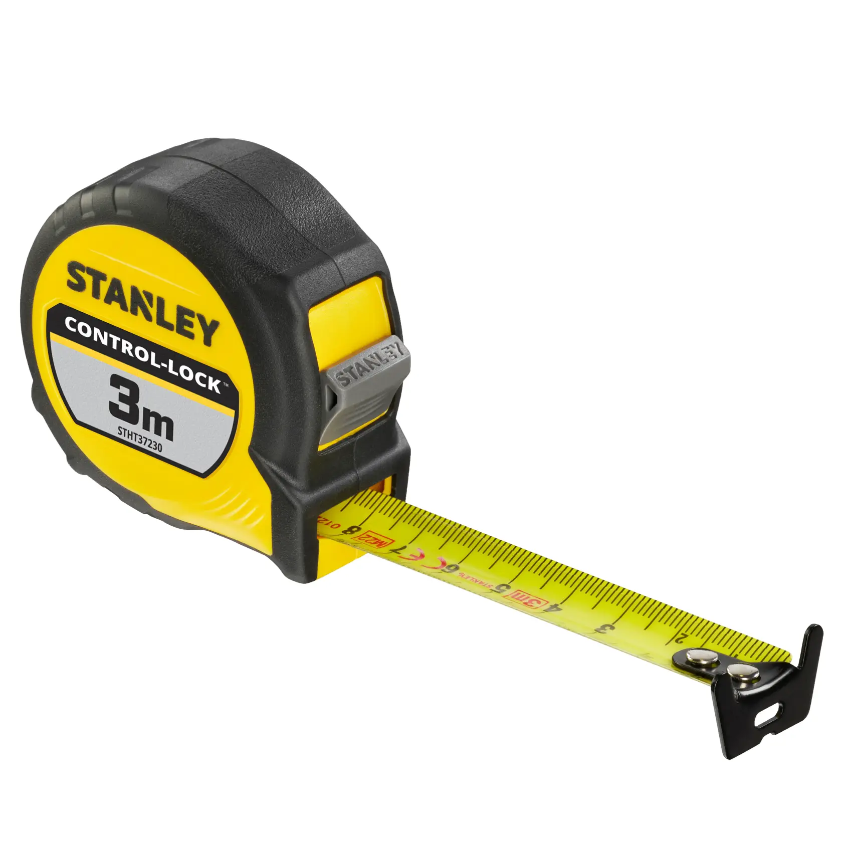 Metro a nastro STANLEY STHT37230-0, 3m, custodia nera e gialla, CONTROL-LOCK, angolo laterale su sfondo bianco.