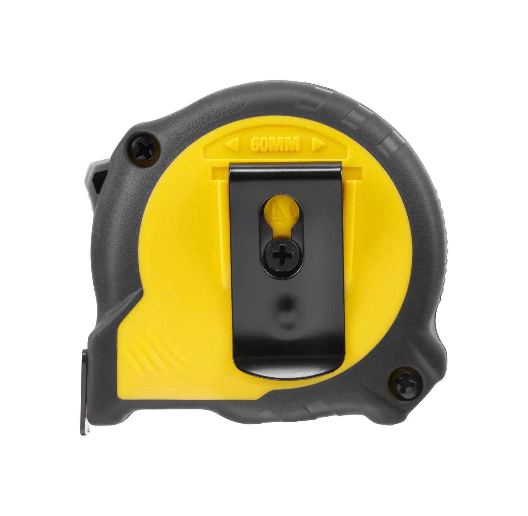 Foto del metro a nastro STANLEY STHT37230-0, giallo e nero, vista posteriore con clip in metallo.
