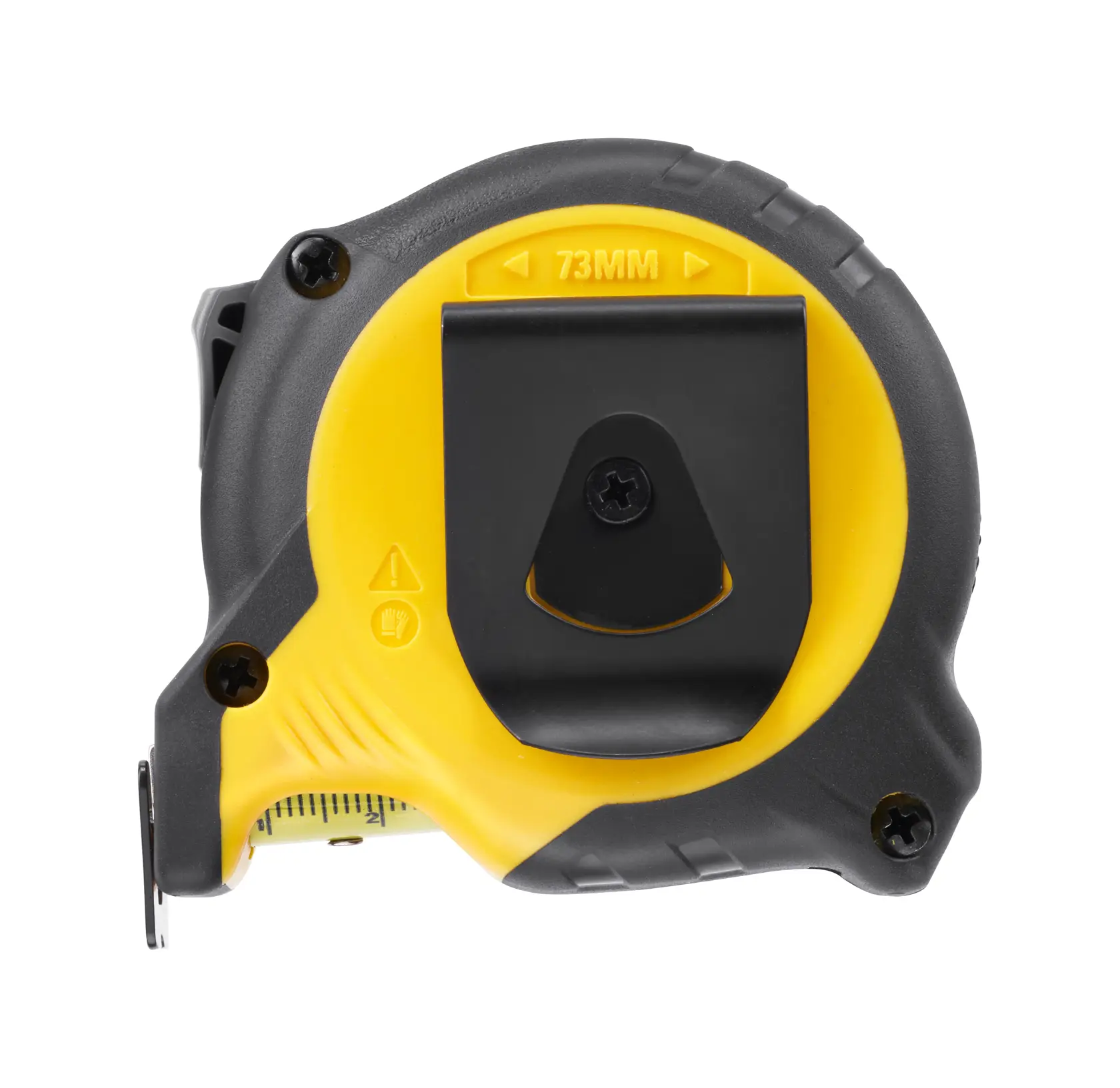 STANLEY STHT37231-0 metro a nastro, nero e giallo, clip da cintura visibile, angolo laterale, sfondo bianco.