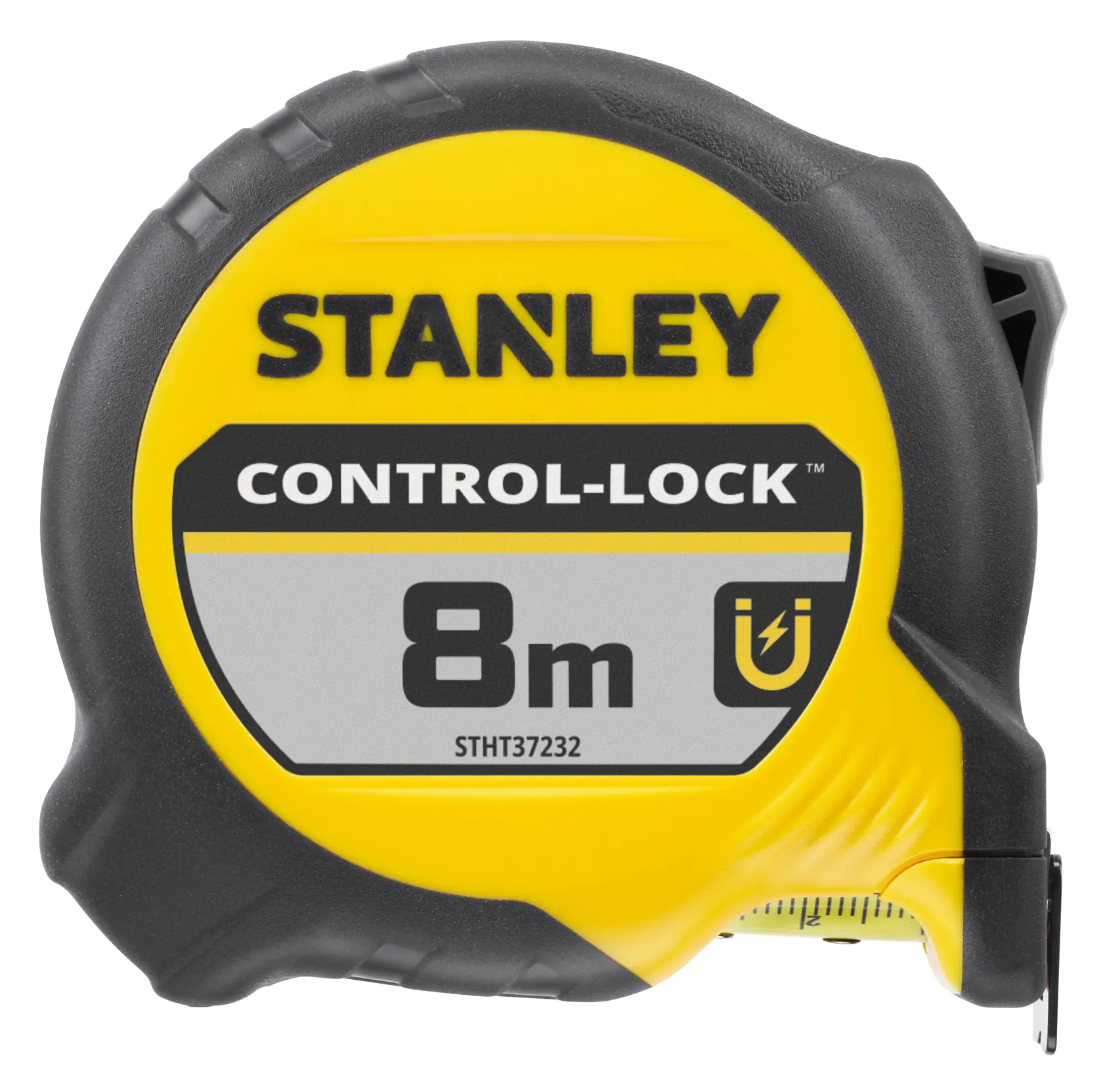 STANLEY STHT37232-0 metro a nastro, giallo e nero, 8m CONTROL-LOCK, vista frontale, fotografia.