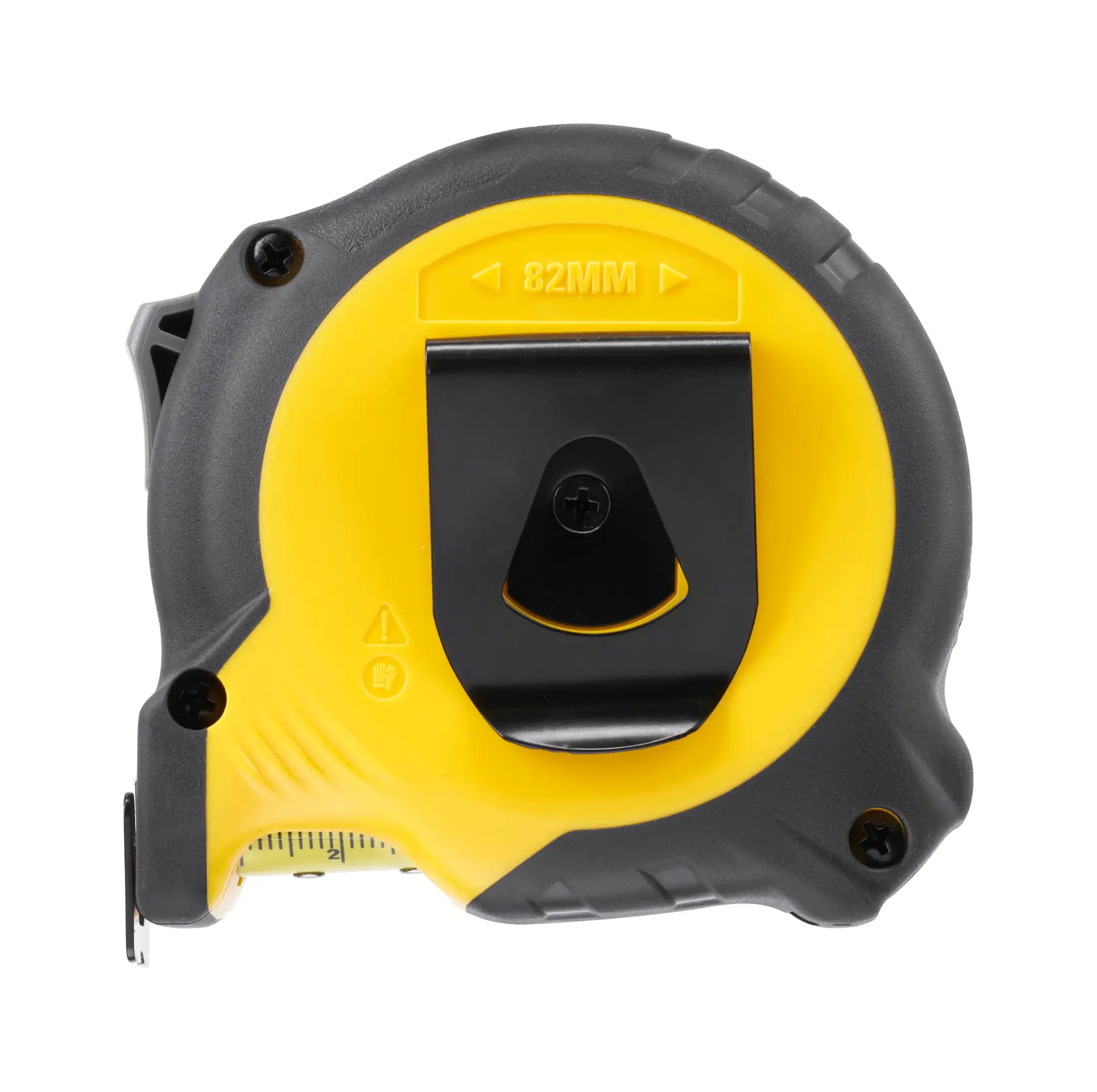 STANLEY STHT37232-0 metro a nastro con custodia gialla e nera, clip da cintura, angolo posteriore, fotografia prodotto.