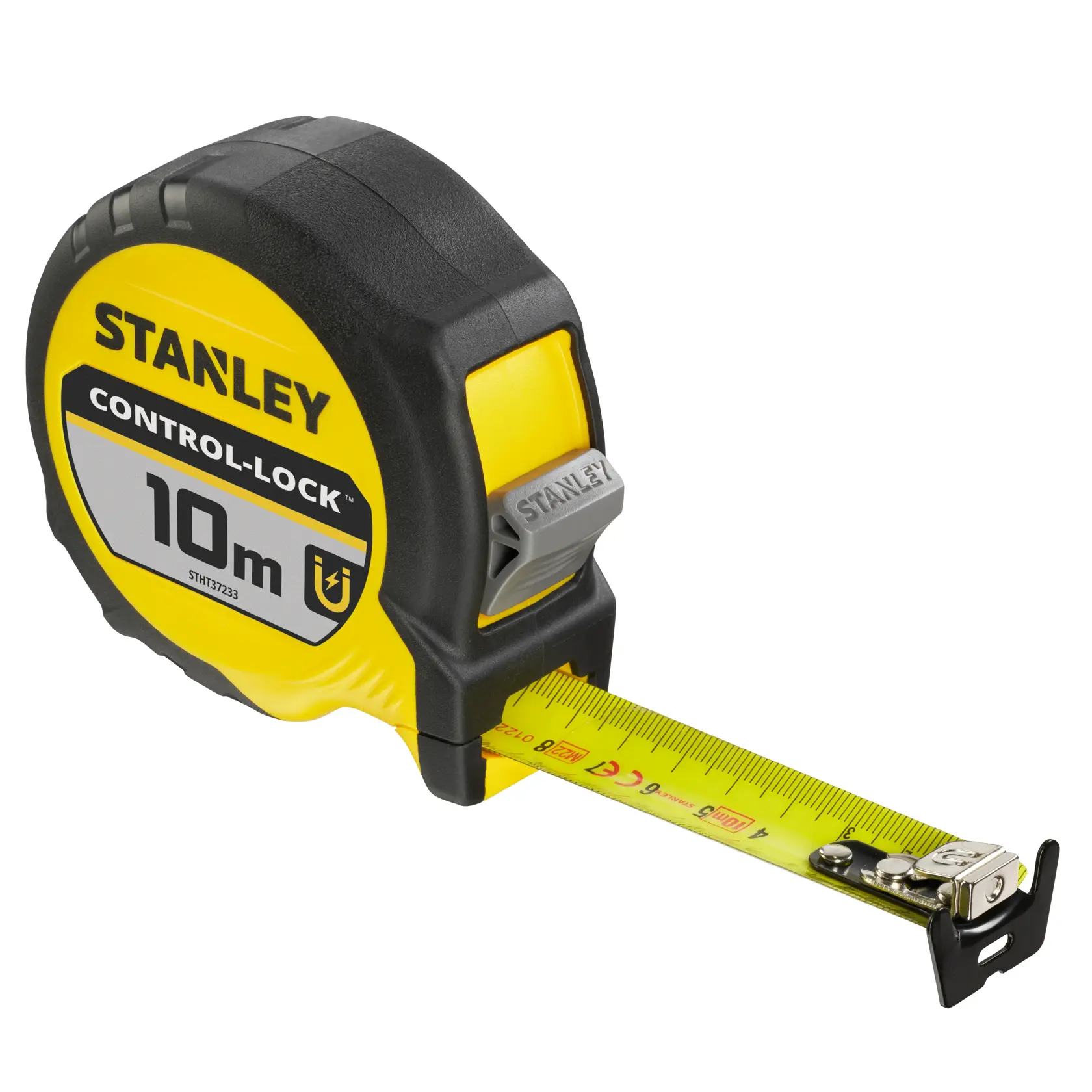 STANLEY STHT37233-0 metro a nastro, giallo e nero, 10m, fotografia, vista laterale su sfondo bianco.