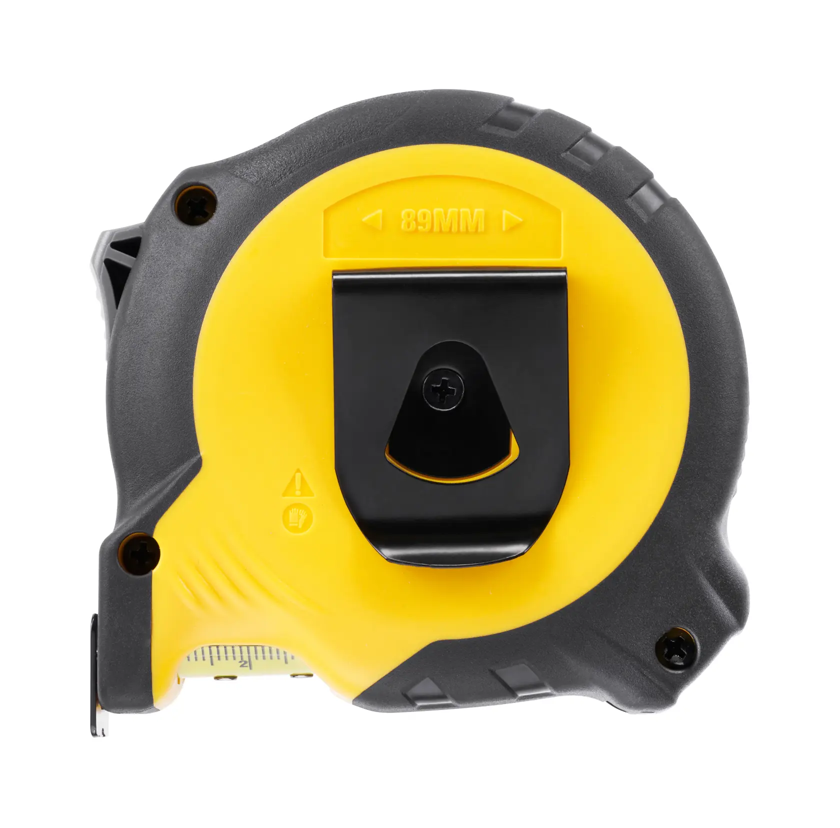 STANLEY STHT37233-0 metro a nastro, custodia gialla e nera, vista posteriore con clip da cintura, prodotto su sfondo bianco.