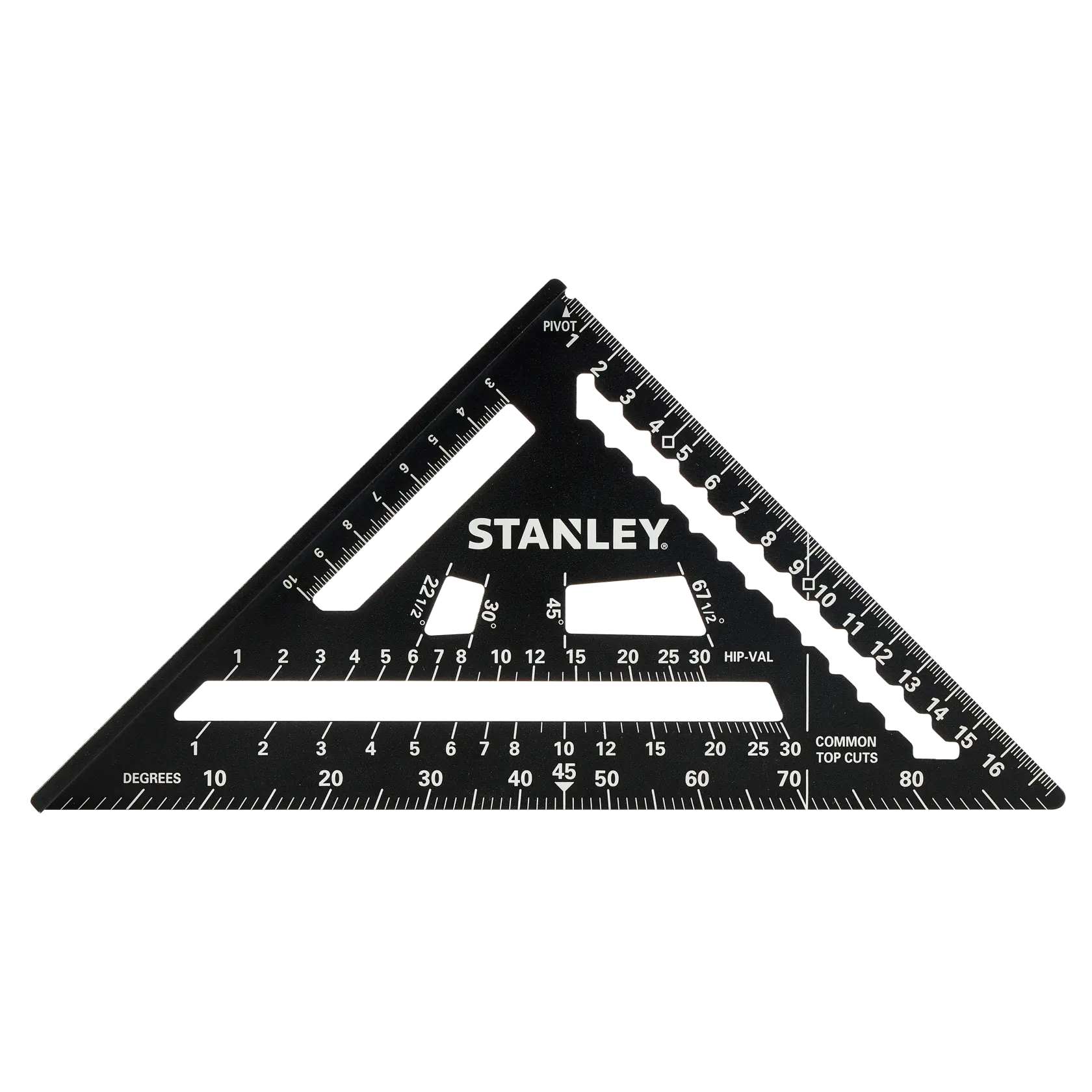 STANLEY STHT46101-0 squadra da carpentiere nera in metallo con marcature bianche, forma triangolare, vista dall'alto, fotografia prodotto.