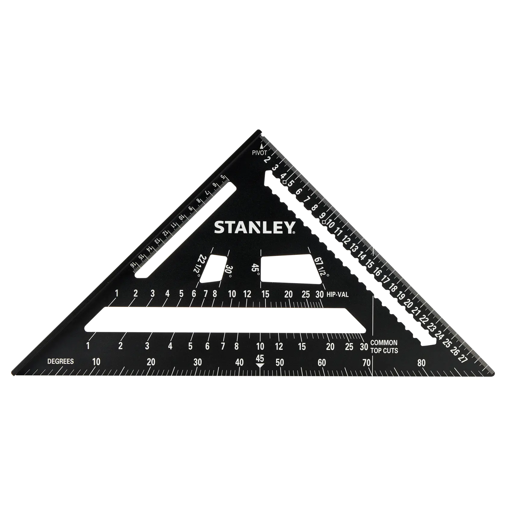 STANLEY STHT46102-0 fotografia di squadra nera triangolare per tetto con segni di misurazione bianchi, vista frontale.