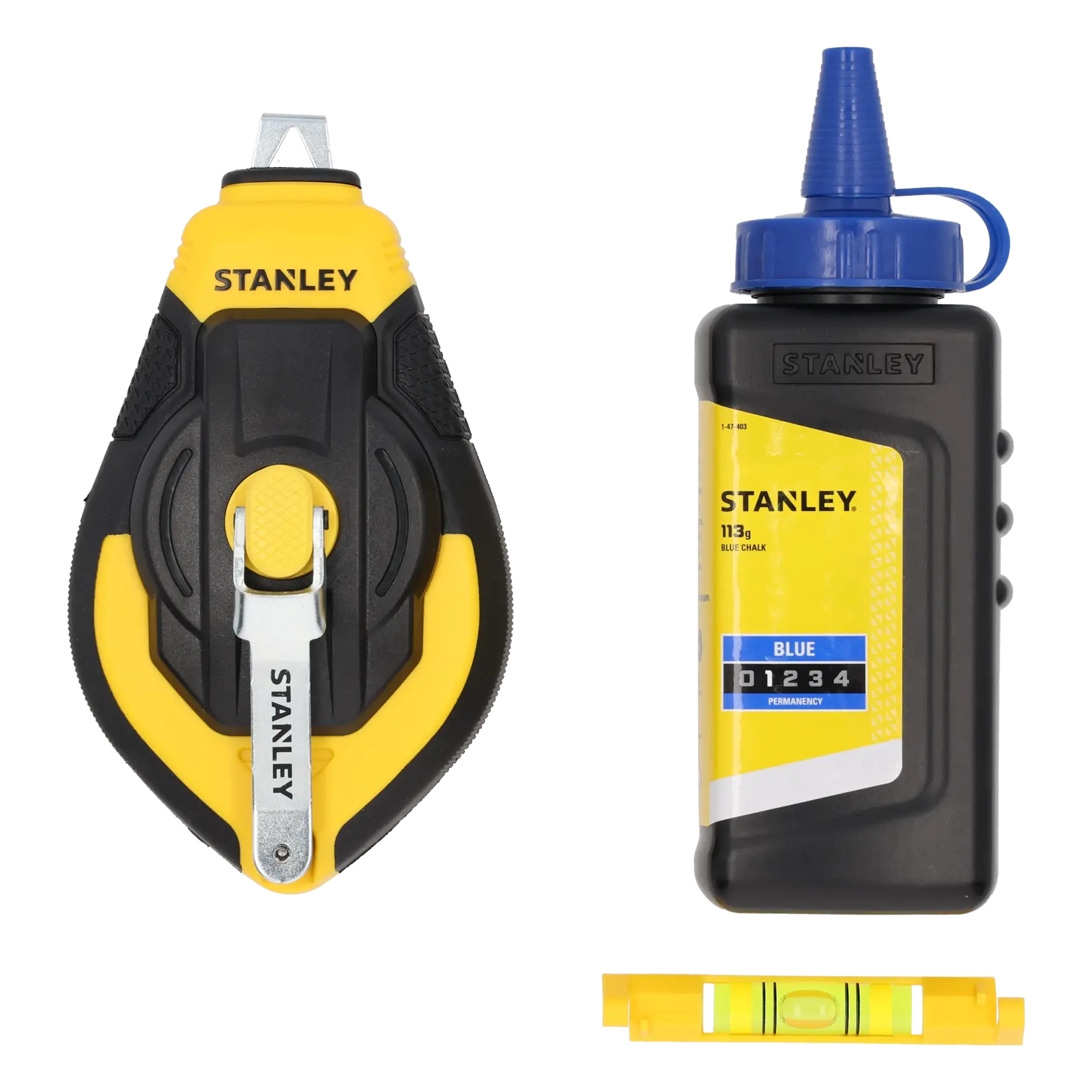 STANLEY STHT47312-0 kit tracciatore con bobina gialla, gesso blu e livella piccola, vista frontale.