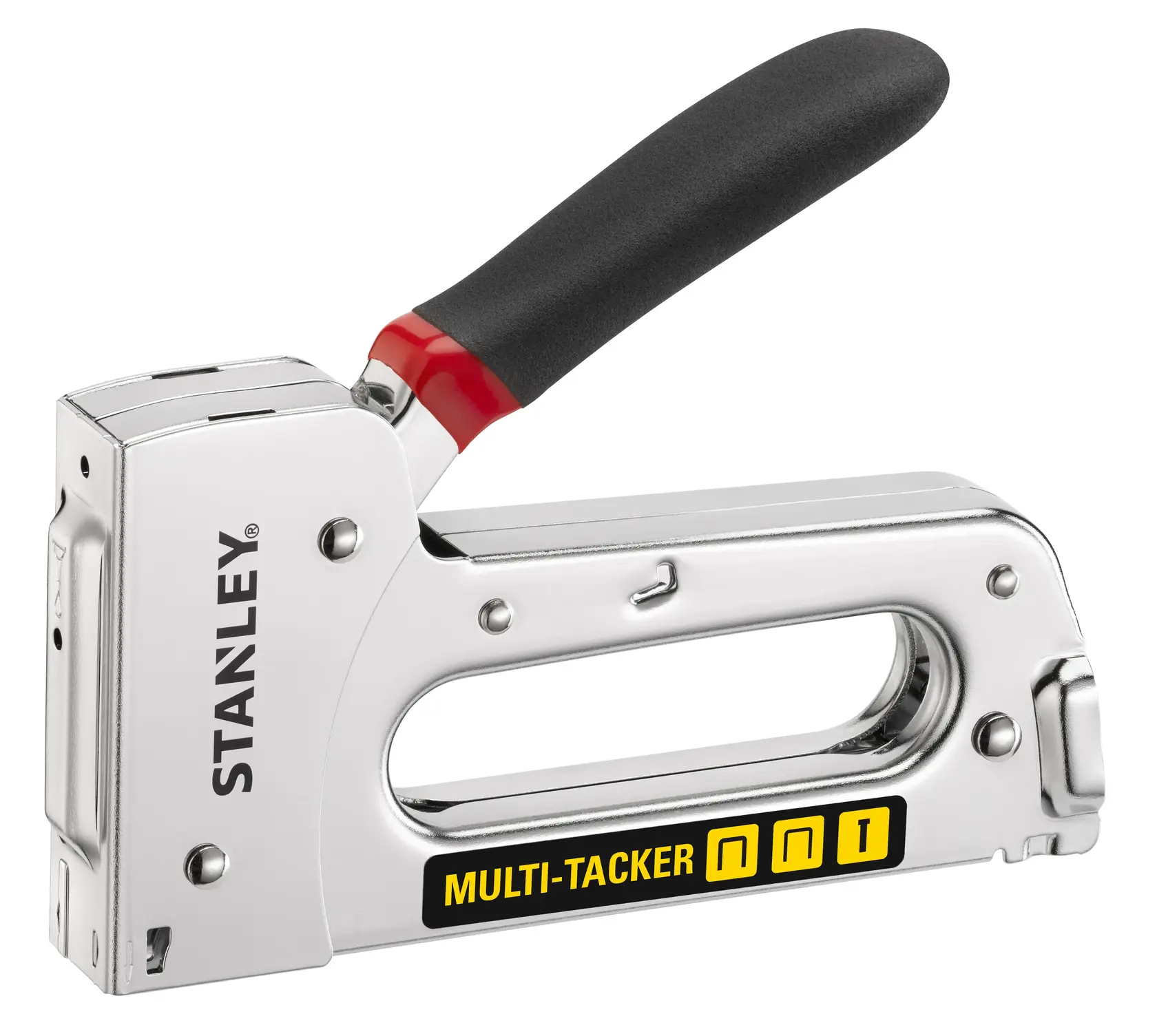 STANLEY STHT6-70410 Multi-Tacker cucitrice con manico nero, vista laterale, prodotto fotografico.