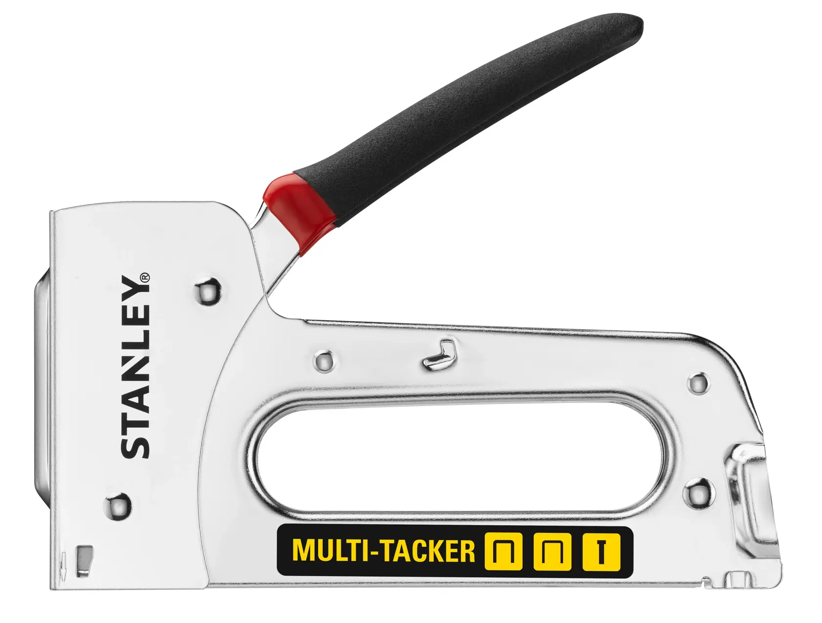 Stanley STHT6-70410 cucitrice multi-tacker argento con manico nero e rosso, foto laterale.