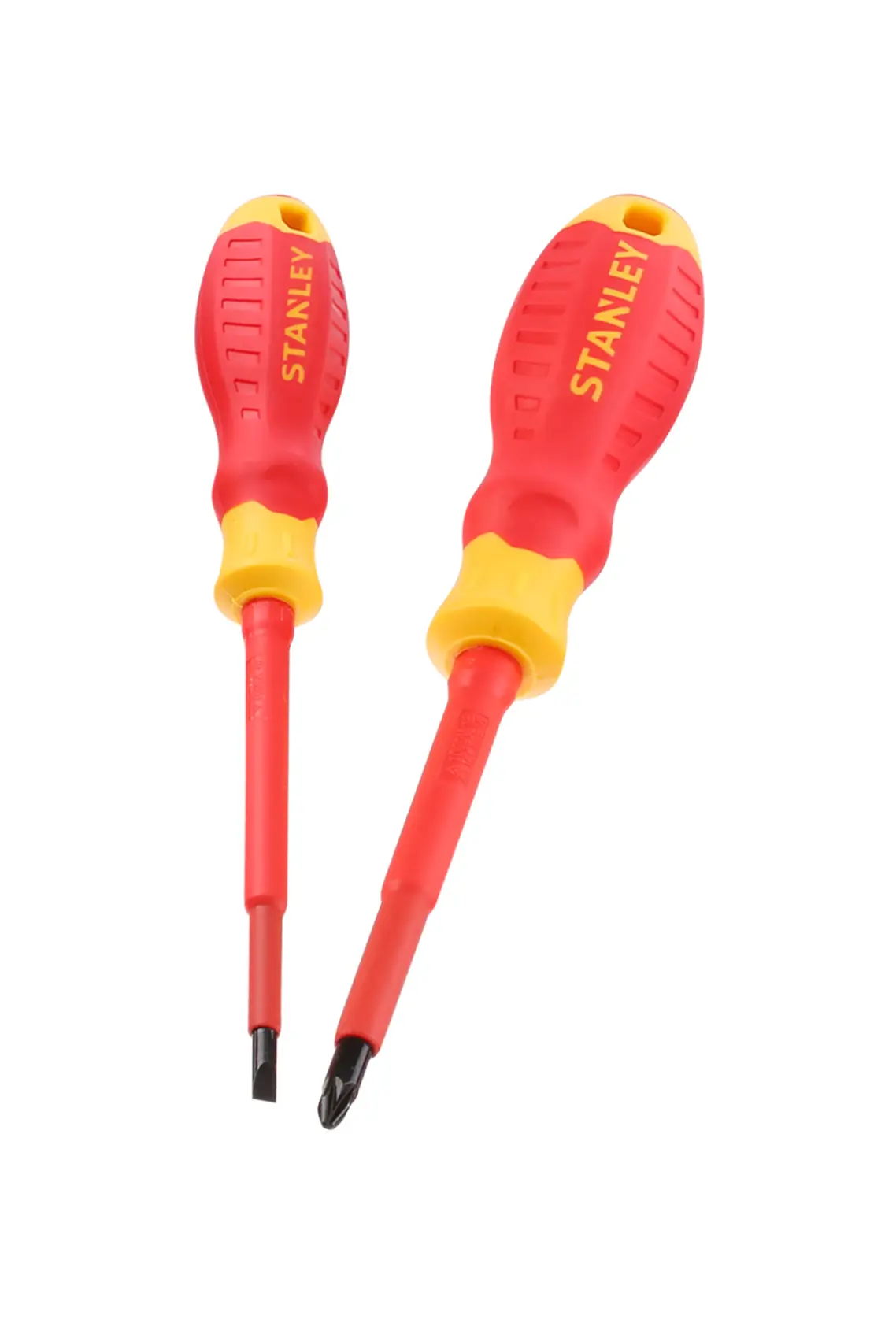 STANLEY STHT60030-0 set di cacciaviti isolati, rosso e giallo, angolo frontale, due pezzi.