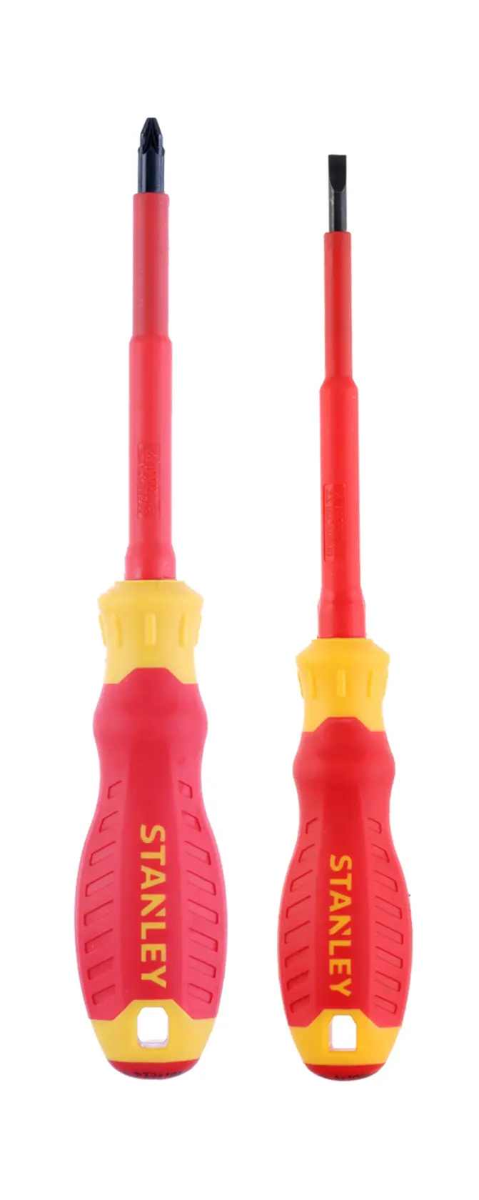 STANLEY STHT60030-0 set di cacciaviti isolati, manici rossi e gialli, vista frontale, sfondo bianco.