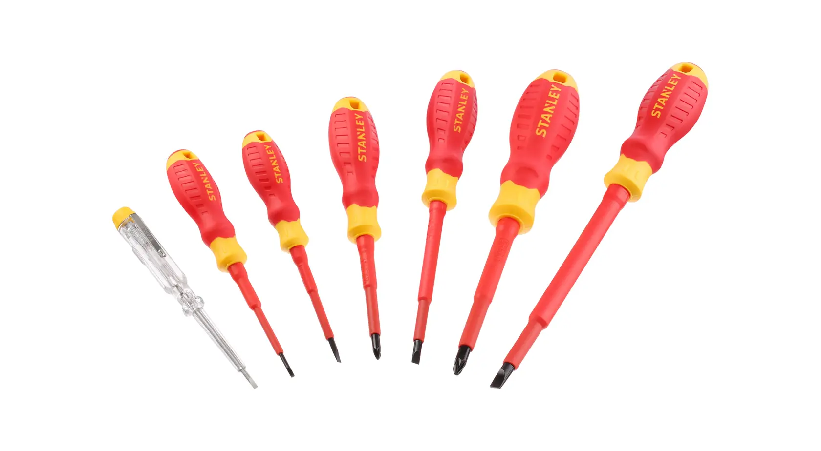 STANLEY STHT60031-0 set di cacciaviti, manici rossi e gialli, vista frontale, sette pezzi su sfondo bianco.