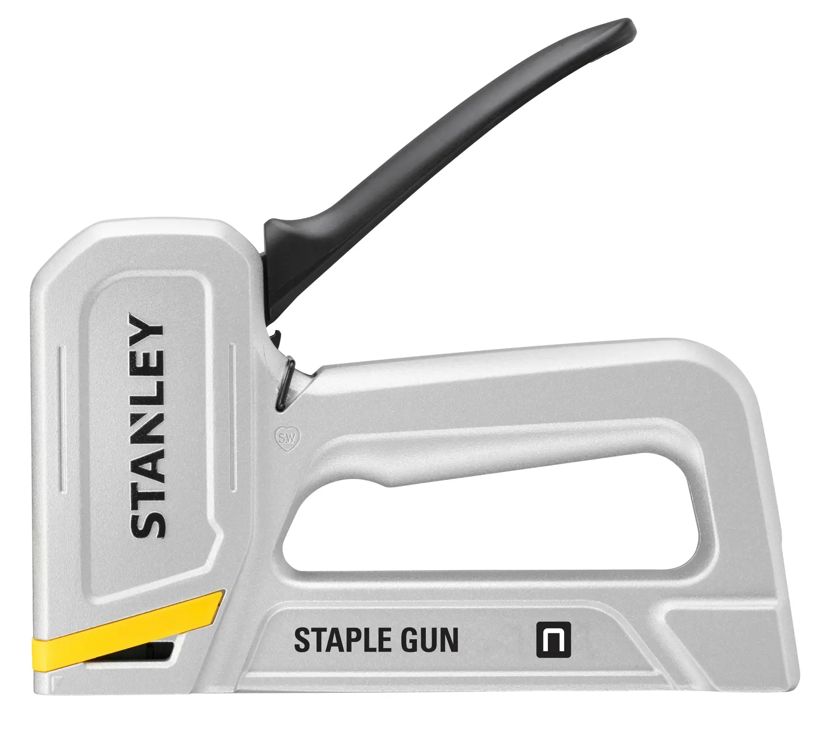 Foto della graffatrice Stanley STHT70150-0, argento e nera, vista laterale su sfondo bianco.
