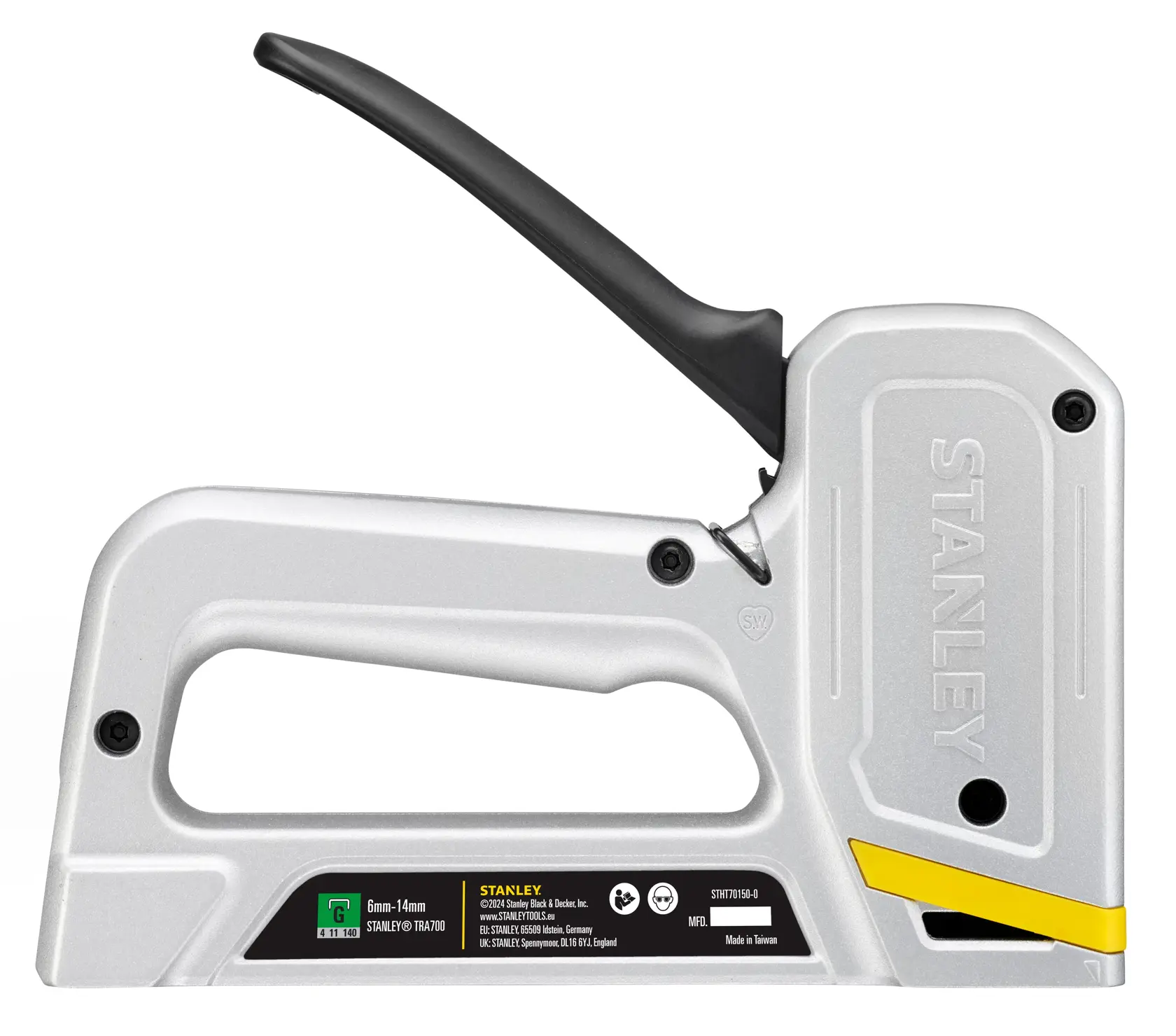 STANLEY STHT70150-0 pinzatrice manuale, vista laterale, corpo argento con manico nero e dettaglio giallo, sfondo bianco.