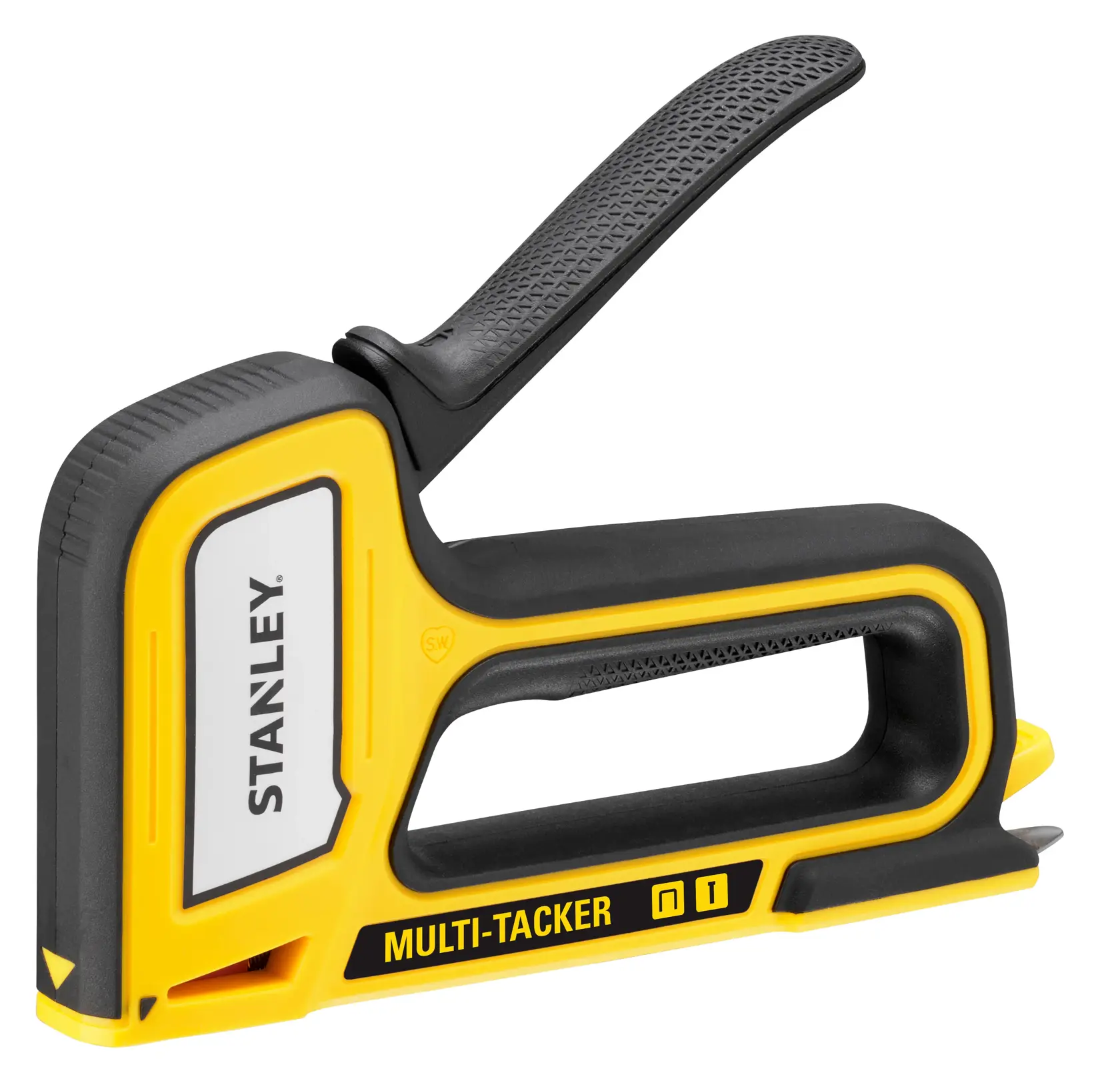 STANLEY STHT70440-0 cucitrice multi-tacker gialla e nera vista laterale su sfondo bianco.