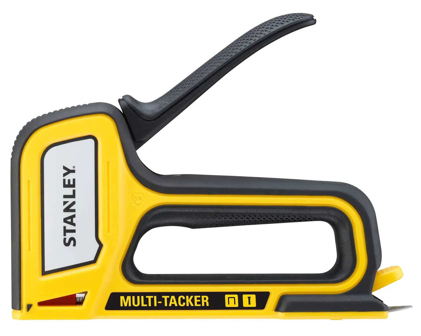 STANLEY STHT70440-0 cucitrice multi-tacker gialla e nera vista laterale su sfondo bianco.