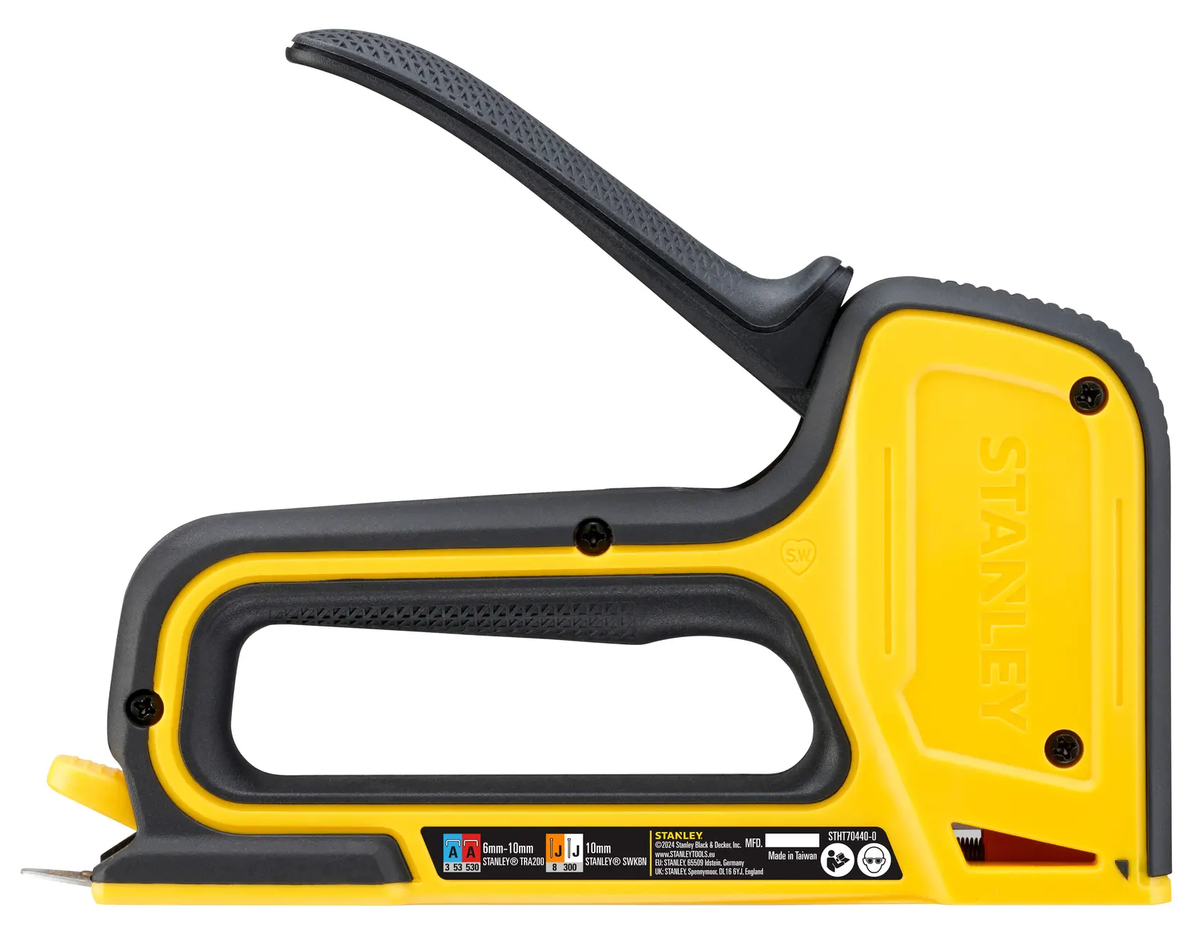 STANLEY STHT70440-0 cucitrice manuale gialla e nera, vista laterale su sfondo bianco.