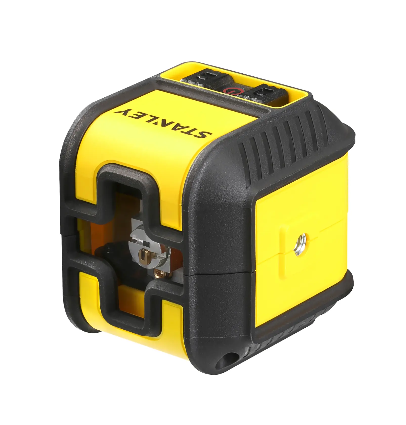 STANLEY STHT77498-1 livella laser a linee incrociate gialla e nera, vista angolata su sfondo bianco.