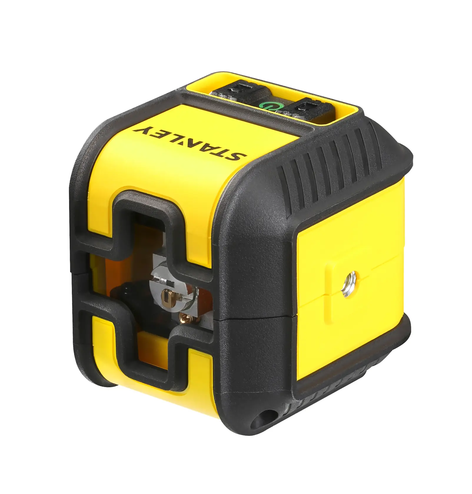 STANLEY STHT77499-1 livella laser gialla e nera, vista angolata, design compatto a cubo.